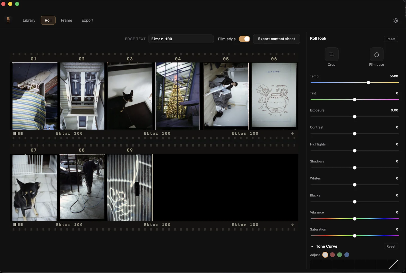 OpenEnlarge Roll view with the inverted contact sheet and whole-roll controls