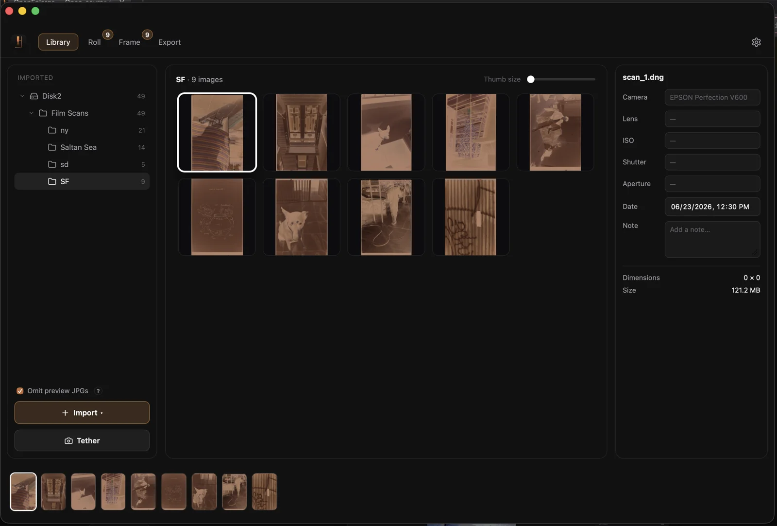 OpenEnlarge Library grid showing a folder of film scans as thumbnails
